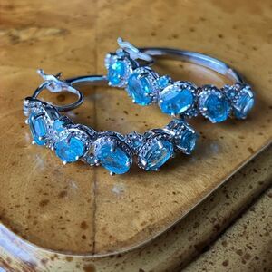 Natural Blue Apatite Sterling Silver Hoop Earrings
